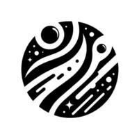Black and White Abstract Planetary Design, Featuring Stellar Elements and Fluid Curves Within a Circular Composition. vector