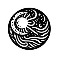 Symbolic Circular Illustration of Cosmic Harmony Octopus and Celestial Elements in Black and White vector