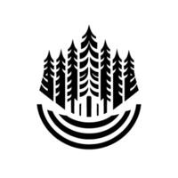Minimalist Monochrome Logo Silhouette of a Forest Grove atop Curved Lines, Symbolizing Nature, Growth, and Tranquility. vector