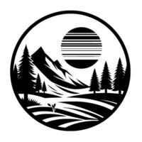 Stylized black and white circular landscape featuring mountains, trees, a minimalist sun, and fields, a modern scenic illustration. vector
