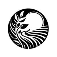 Stylized Black White Circular Illustration Plant Branch, Curved Lines Resembling Field, and Sun Symbol, Clean Design. vector