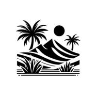 Black and white minimalist landscape illustration featuring mountains, palm trees, sun, and desert vegetation in a clean, style. vector