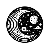 Black and white celestial illustration within a circle featuring crescent moon, full moon, stars, and clouds in a minimalist design. vector