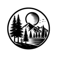 Black and white circular emblem featuring a scenic landscape with mountains, evergreen trees, a stylized sun, and birds in a minimalistic artistic style. vector