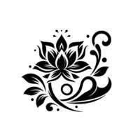 Elegant black and white floral with lotus, leaves, and swirl elements in a symmetrical arrangement, evoking tranquility. vector