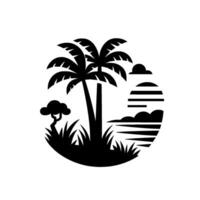 A stylized black and white tropical landscape scene featuring palm trees, grassy foreground, sunset, and a circular frame for a minimalist design. vector