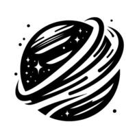 Artistic Black and White Illustration of a Planet with Rings, Stars, and Orbits in a Minimalist, Style on White. vector
