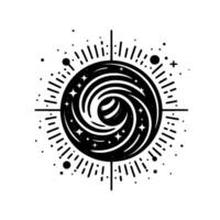 Stylized black and white celestial illustration featuring a galaxy with a swirling core, stars, and a radiating cross design. vector