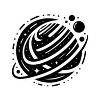 Abstract Black and White Planetary with Rings, Spheres, Stars and a Unique, Dynamic Style, set against a pure white background. vector