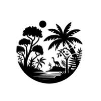 Black Silhouette of a Prehistoric Landscape Dinosaur, Palm Trees, and Lush Vegetation in a Circular Composition vector