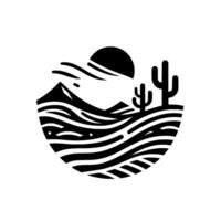 Black and White minimalist circular illustration of a desert landscape featuring mountains, sun, cactus, and a stylized terrain. vector
