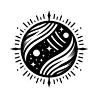 Abstract Celestial YinYang Black and white cosmos illustration with stars, planets, swirling lines, and a compasslike outer border. vector