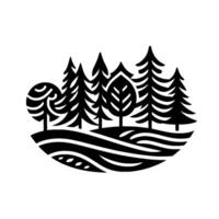 Black and White Stylized Forest Silhouette with Trees on Rolling Hills Within an Oval Shape, a Minimalist Illustration. vector