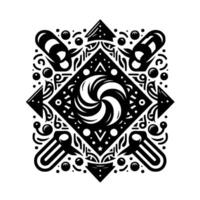 Symmetrical Geometric Mandala in Black and White, Featuring Swirling Center, Decorative Elements, and Angular Shapes vector