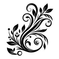 Elegant Black Swirl Floral with Leaves, Berries, and Scroll Elements, Isolated on White, Style. vector