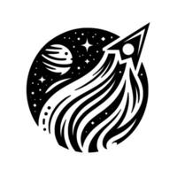 Black White Illustration of a Rocket Launching into Space within a Circular Frame Featuring a Stylized Planet, Stars, and a Cometary Trail. vector