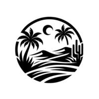 Black and white desert landscape within a circle Palm trees, crescent moon, sand dunes, and cactus silhouette. vector