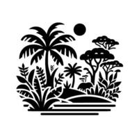 Stylized black and white illustration of a tropical landscape with palm trees, flora, an elephant, and sun, evoking a serene and minimalist safari scene. vector