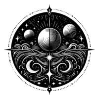 Intricate Black and White Celestial Mandala Moons, Stars, Swirling Cosmic Design, Celestial Navigation Symbol within a Circle. vector
