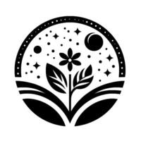 Black and White Circular Botanical Illustration A stylized flower and foliage against a starlit night sky with moon, dots, and stars within a dotted border, evoking a sense of nature and celestial ha vector