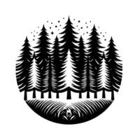 Black and white minimalist illustration of a pine forest inside a circle, with stylized trees, grass, deer and stars. vector