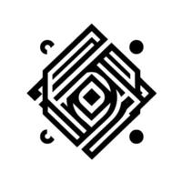 Geometric black and white abstract featuring interconnected lines, square, circle, and crescent shapes, centered on a white background, minimalist art. vector