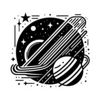 A monochrome illustration depicting a stylized cosmic scene with planets, stars, and linear elements, creating a modern celestial aesthetic. vector