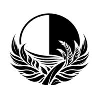 Stylized black and white emblem of wheat and foliage surrounding a twotoned sun symbol. vector