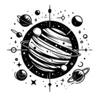 Black and white cosmic illustration featuring a central striped planet with rings, surrounded by smaller planets, stars, and celestial elements within a dotted circular frame. vector