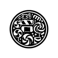 Intricate Black and White Circle Design An Art Deco Inspired Composition of Lollipops, Candies, and Sweet Treats with Geometric Shapes. vector