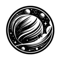 Celestial Orbit A Black and White Illustration of a Striated Planet Surrounded by Moons, Stars, and Cosmic Swirls within a Circular Frame. vector