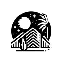 art depicting a stylized cityscape with a moon, stars, buildings, and a palm tree enclosed in a circle, night scene. vector
