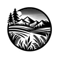 Circular monochrome landscape with wheat fields, evergreen trees, mountain range, sun or moon, and horizontal lines, capturing a serene, natural scene. vector