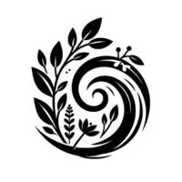 Black and white circular emblem featuring stylized leaves, florals, and a wave design, suggestive of nature and organic elements, minimalist and elegant. vector