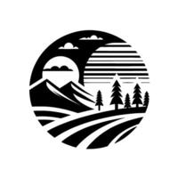 Stylized Black and White Landscape in a Circular Frame Mountains, Trees, Clouds, and a Striped Horizon. vector