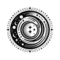 Celestial Mandala Abstract Monochrome Illustration Featuring Moons, Stars, and Orbits in a Circular Pattern. vector