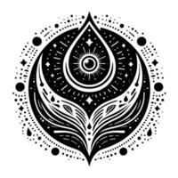Intricate black and white celestial illustration featuring a central eye within a teardrop shape, adorned with stars and circular elements. vector