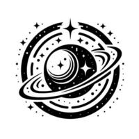 Stylized Black and White Cosmic Illustration Planet with Rings, Stars, and Celestial Orbits on a White Background. vector