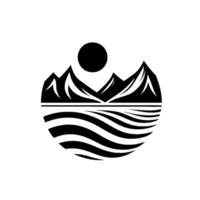 Circular Minimalist Landscape Mountains, Sun, and Waves in Black and White, Evoking Serenity and Natures Majesty. vector