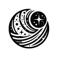 A cosmic emblem of swirling celestial bodies, stars, and nebulas, captured in bold black lines within a spherical silhouette against a white background. vector