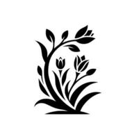 Elegant Black and White Floral Design A stylized cluster of stylized tulips, leaves, and stems, rendered in a minimalist monochrome style. vector