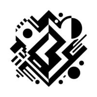 Geometric Abstract Composition A symmetrical of bold black and white shapes, featuring circles, lines, and zigzags, set against a clean white backdrop, creating a modern and minimalist aesthet vector