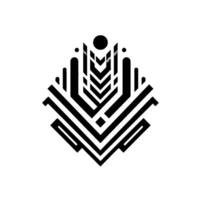 Symmetrical geometric in black, gray, and white featuring chevron patterns, stripes, and a central dot arranged in a diamond shape, minimalist style. vector