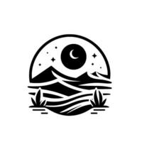Minimalist black and white landscape emblem crescent moon, stars, mountains, and stylized desert flora against a white backdrop. vector