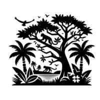 Silhouette Illustration Jungle scene with monkeys in trees, palm trees, birds flying, and a river, all in black and white. vector