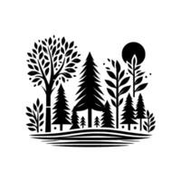 Black and white stylized forest scene featuring various tree silhouettes, a full moon, and a minimalist, illustrative on a white background. vector