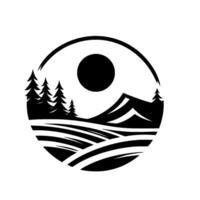 Black and white minimalist featuring a circular frame enclosing a landscape with trees, mountains, sun, and fields. vector