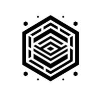 Abstract Black and White Hexagonal Featuring Geometric Labyrinthine Pattern with Peripheral Dots and Hexagons on a White Background. vector