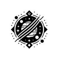 Minimalist Space Emblem A stylized planet crossed by lines, surrounded by stars, circles, and diamond shapes, a celestial design. vector
