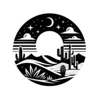 Black and white desert night scene inside a circular frame, featuring cacti, mountains, stars, clouds, and a crescent moon in a minimalist style. vector
